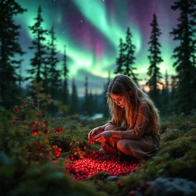 The primary subject of the image is a woman sitting on the ground in a forest, surrounded by a beautiful and serene environment. The setting includes a forest with trees and a sky filled with a vibrant green and purple hue, creating a captivating atmosphere. The visual style of the image is a photo, capturing the woman and her surroundings in a natural and realistic manner. The colors and mood of the image are predominantly green and purple, evoking a sense of tranquility and connection